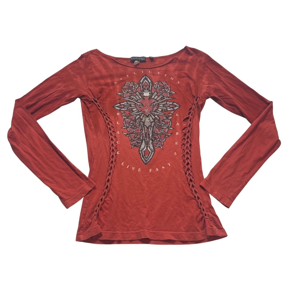 Affliction Black Label Top Womens S Red Excellent Rhinestone Braided Lace Up Y2K